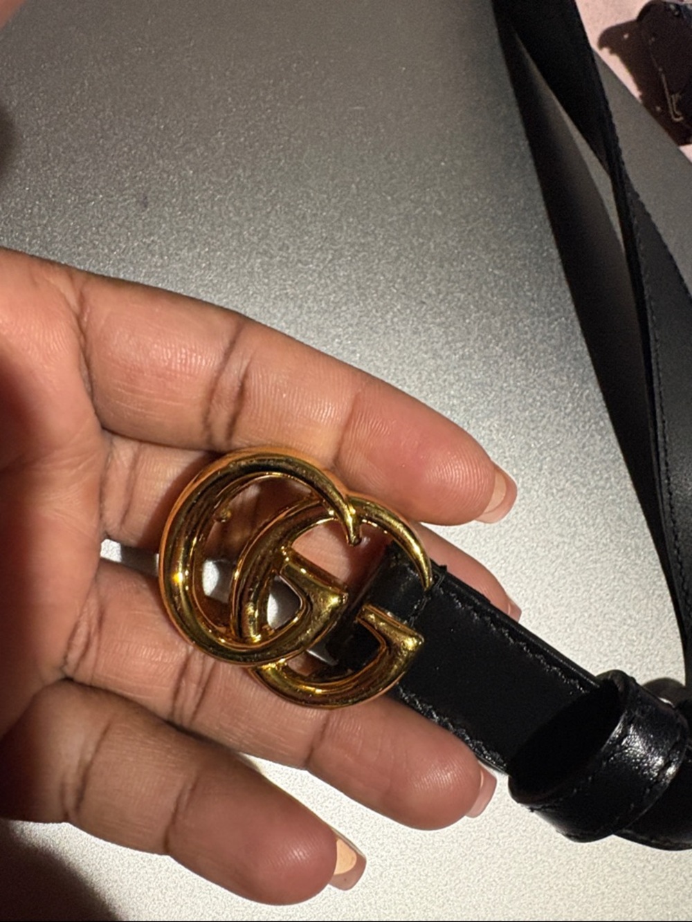 Samsung Black Leather Belt with Gold Interlocking Buckle